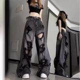 GETADME Unique Cool Ripped Jeans Women's Summer Distressed American Style Bell Bottoms Loose Fit Versatile Straight Leg Long Pants