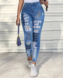 GETADME Women Denim Jeans Ankle Length Print Holes Pencil Pants Pockets Washing Slim Basics Zipper Fly Spring Flat Slight Strech
