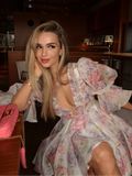 GETADME Flower Printed Short Puff Sleeve Mini Dress Women V Neck Beach Holiday Summer Short Vestido 2025 Seaside A-line Sexy Casual Gown