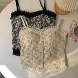 Getadme-Lace Flower Print Cami Crop Tank Tops Summer Camisole Women's Tube Top Elegant Slim Short Tanks Vest Sexy Y2k Pearl