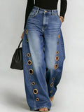 GETADME Missuoo Women's Washed Blue High-Waist Metal Grommet Wide Leg Jeans 2026 Casual Loose Fit Streetwear Pants Casual Trousers