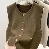 GETADME Knit Vest Women Cardigan Sweater Button Up Round Neck Sleeveless Round Neck Simplicity Casual Fashion Lady Top Female Vest Coat
