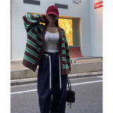 GETADME Harajuku Striped Knitted Cardigan Women Vintage Long Sleeve Sweater Outerwears Korean Patchwork Knitwears Winter Loose Jumpers
