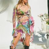 Getadme-y2k Aesthetic Butterfly Print 3 Pcs Set Long Flare Sleeve Shawl Halter Lace Up Sexy Top Pleated Skirt Summer Beach Outfits