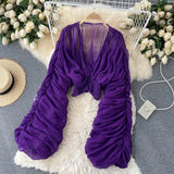 GETADME Women Sexy Chiffon Short Blouse Female See Through Super Long Sleeve Blusas Purple/Green/Black/White Folds Party Tops 2026 New