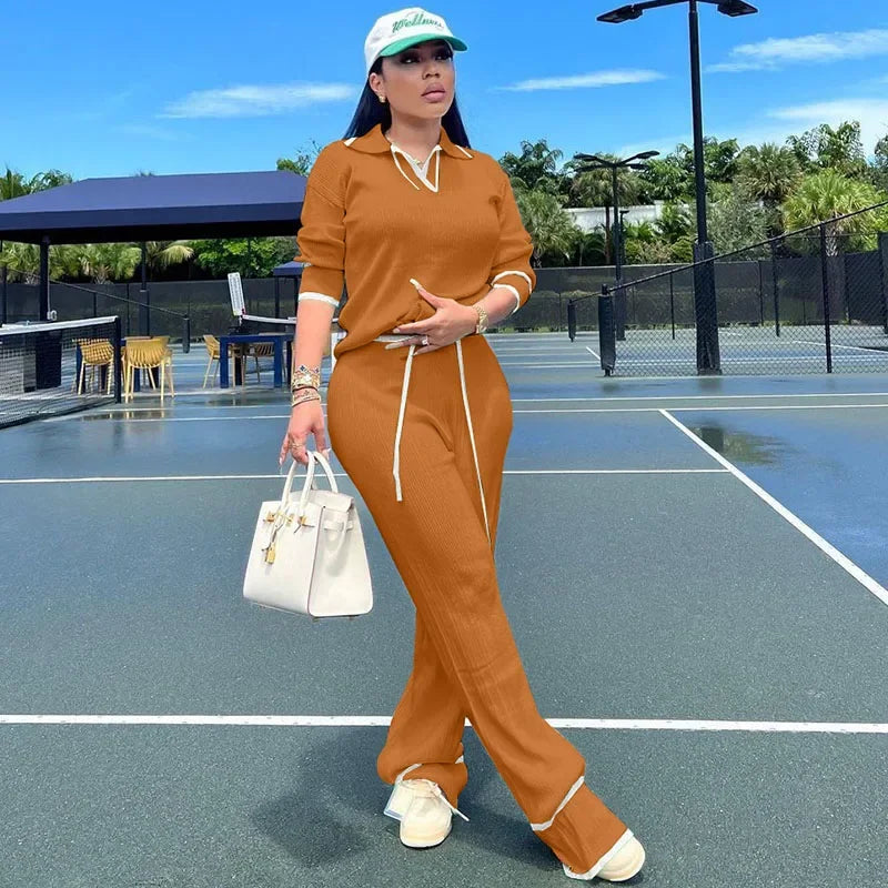 Ensemble de survêtement décontracté en maille GETADME Active Wear pour femme, deux pièces, haut rayé sport et pantalon large, idéal pour le jogging.
