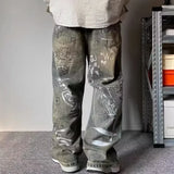 GETADME New Graffiti Printed Baggy Jeans For Men Y2K Vintage Distressed Blue Harajuku Denim Pants High Street Straight-leg Jean Trousers