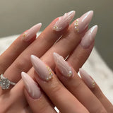 GETADME 24Pcs 3D Strawberry Rabbit Flower Fake Nails Press on Mid-length Almond Wearable False Nails Green Gradient Pearl Manicure Tips