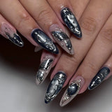 GETADME 24Pcs Black Y2k Long False Nails with Almond Head Design Cat's Eye Silver Stripe Pattern Press on Fake Nails Wearable Nail Tips