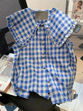 GETADME Zoki Cute Vintage Plaid Shirt Women Loose Sleeveless Summer Sweet Blouse Korean Retro Casual Peter Pan Collar Preppy Style Tops