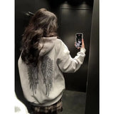 GETADME Retro shiny wings printed long-sleeved zipper casual sweatshirt autumn and winter women's hooded straight pants solid color suit