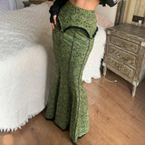 GETADME Lace Stitching Skirts For Women Vintage Floral Printing Green Elegant Evening Party High Elastic Waist Mermaid Skirts Fall 2025