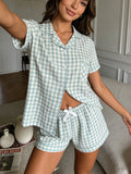 GETADME Loungewear Women Pajamas Cardigan Lapel Short Sleeve Shorts Two Piece Set Spring Summer Fresh Light Green Plaid Loose Fit Casual
