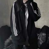 GETADME Spring Autumn New Three Bars Jacket Women's Thin Baseball Style Loose Bf Trendy Black Coat for Students Casual Outerwear