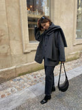 Getadme-Autumn Winter Grey Cashmere Jacket With Scarf Women Long Sleeve Collar Elegant Single Breasted Coats Fashion Pocket Overcoat