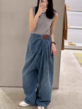 GETADME American Wide Leg Denim Pants For Women In Spring And Autumn, Fashionable Pleated Design, Loose Floor Length Pants