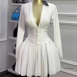 Getadme Women's Party Mini Dress 2025 Spring/summer Latest Casual Sexy Plunge Ruched Lantern Sleeve Button Daily A Line Short Skirt
