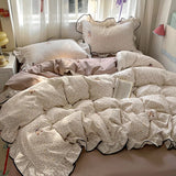 GETADME Ruffles Bedding Set Floral Style Duvet Cover Pillowcase with Bedsheet Skin-friendly Bed Linen Set Girls Room Bedclothes 이불세트