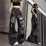 GETADME Unique Cool Ripped Jeans Women's Summer Distressed American Style Bell Bottoms Loose Fit Versatile Straight Leg Long Pants