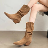GETADME Women Western Cowboy Boots 2025 Autumn Suede Leather Ladies Shoe Elegant Slip on Mid Calf Booties Vintage Thick Heel Pointed Toe