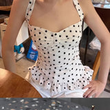 GETADME New Polka Dot Print Tops Women Halter Low-Neck Bandage Ruffles Backless Sleeveless Skinny  Y2K Fashion Street Versatile Vest