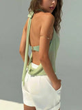 GETADME Women's Summer Vacation Sexy Semi-transparent Drop-Neck Metallic Decorated Backless Vest, Off-Shoulder Top