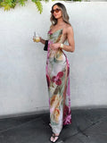 GETADME Sexy Printed V-neck Halter Long Dresses Women Retro Sleeveless Backless Side Slit Beach Dress Female Fashion High Street Holiday