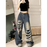 Jeans baggy déchirés pour femmes, collection été 2023, style streetwear, jeans boyfriend taille haute, pantalon en denim gothique.