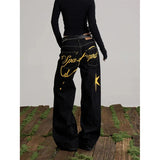 GETADME YIBASHU Women Blue Y2k Wide Jeans Letter Print Jean Pants Vintage Harajuku Baggy Grunge Star Denim Trouser Alternative Clothes