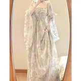 GETADME Evening Party Dress 2025 Summer Short Puff Sleeve Khaki  Print Organza Women Floor-Length Overlength Princess Long Dress Female