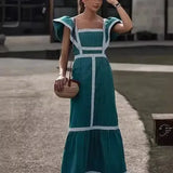 GETADME 여성 의류 스퀘어 칼라 컬러 콘트라스트 패치워크 드레스 슬리브리스 하이웨이스트 패션 캐주얼 드레스