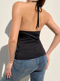 Getadme Backless Eyelet Buckle Lace-Up V Neck Halter Crop Vest Top Women Punk Style Gothic Streetwear