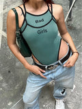 GETADME 핫 패션 클럽 여성 스파게티 스트랩 '배드 걸' 레터 프린트 바디수트 섹시한 여성 스트리트웨어 스키니 바디 레오타드 탑