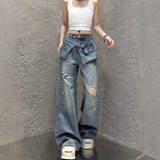GETADME Streetwear Harajuku Jeans for Women Pantalones Vaqueros Mujer Chic Fake Two Denim Trousers Casual Straight Y2k Wide Leg Pants