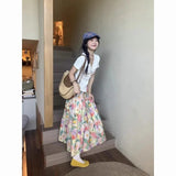 GETADME 플로럴 케이크 하와이안 스커트 유화 스타일 봄 여름 A라인 스커트 튤 스커트 한국 스트리트웨어 Y2K 롱 스커트 여성