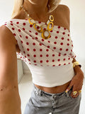 GETADME Weird Puss Polka Dots Print T-Shirts Women Summer Trend Skew Collar Off Shoulder Backless Street Fashion Trend Ruched Crop Tops