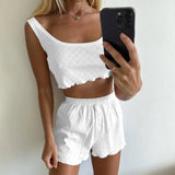 GETADME Women's Solid Pajamas Set 2025 Hollow Out Sleeveless Top Shorts Sleepwear 2 Piece Set For Women Loose Round Neck Home Loungewear
