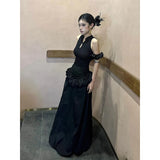 GETADME Vintage Black Long Dress Women Party Prom Ruffles Sleeveless Maxi Dresses Summer Y2K Gothic Patchwork Bodycon Vestidos New