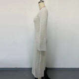 GETADME Sexy Women White Long Knit Sleeve Bikin Fashion Cover Up Female See-Through Deep V-Neck Hollow-Out Beach Knitwear Backless Dress