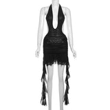 GETADME Gtpdpllt See Through Mesh Summer Dresses For Women 2025 Ruffle Backless Low-cut Mini Party Dress Sexy Black Club Y2K Outfits