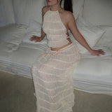 Getadme Women Boho Sexy Backless Matching Suit 2 Piece Beach Holiday Outfits Vintage Ruched Halter Cami Tops + Maxi Long Skirt Party