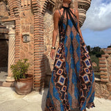 GETADME Sexy Lady V-neck Sleeveless Suspender Dress Casual Off Shoulder Bohemian Beach Dress 2025 Retro Pattern Printed Loose Long Dress