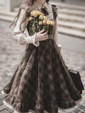 GETADME Fake Two-Piece Dress for Women Long Skirt Slim Fit Waist Cinching Vintage Lolita Plaid Bow New Korean Style Fashion Winter 2025