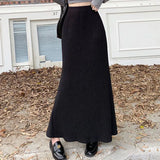 GETADME Xpqbb Lazy Style High Waist Long Skirt Women Vintage Brown Fold Slim Fit Mermaid Skirts Female Elegant Streetwear Midi Skirts