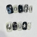 GETADME 10Pcs Handmade Gothic Short Press on Nails Rhinestone Round Manicure Decoration Wearable Full Cover with Design Acrylic Nail Tip