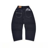 GETADME Y2k Dark Indigo Barrel Baggy Jeans Sound Wave Embroidery CD Pocket Decor Wide Leg Denim Pants Y2K Streetwear Loose Men Trousers