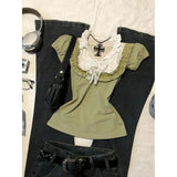 GETADME 2000s Lace Trim Harajuku T Shirts Aesthetic Sweet Girl Summer Women Clothes Femme Trendy Green Kawaii Top Gentle Ruffle Y2k Tees