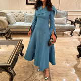 GETADME 여성용 우아한 파티 드레스 티 렝스 A라인 긴팔 모던 이브닝 가운 맥시 V넥 라이트 블루 웨딩 게스트 드레스