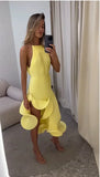 GETADME Women Romantic Yellow Halter Maxi Dress Ribbed Knit Ruffled High-slit Slim-fit Vestido 2026 Lady New Spring Trendy Fashion Robes