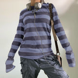 GETADME Women Fairy Grunge Knit Basic Shirt Autumn Y2K Grey Black Striped Long Sleeve Round Neck Tops Emo Tee